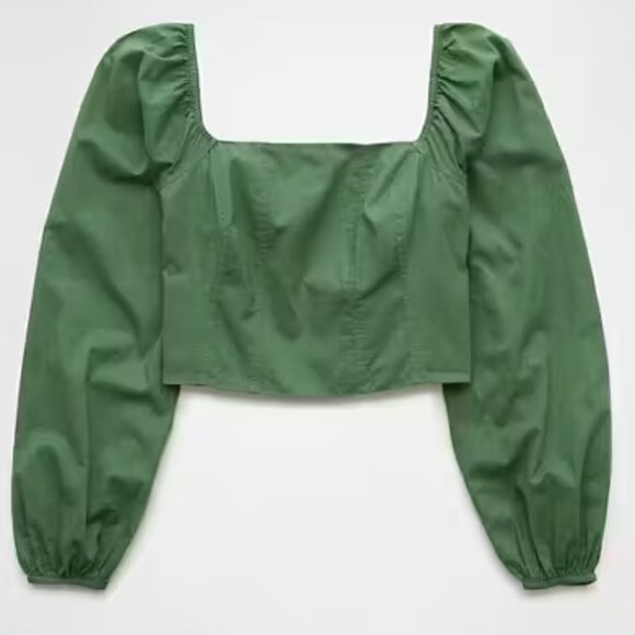 NWOT American Eagle AE Cropped Corset Balloon Sleeve Top Smocked Back Green sz L - Picture 3 of 15